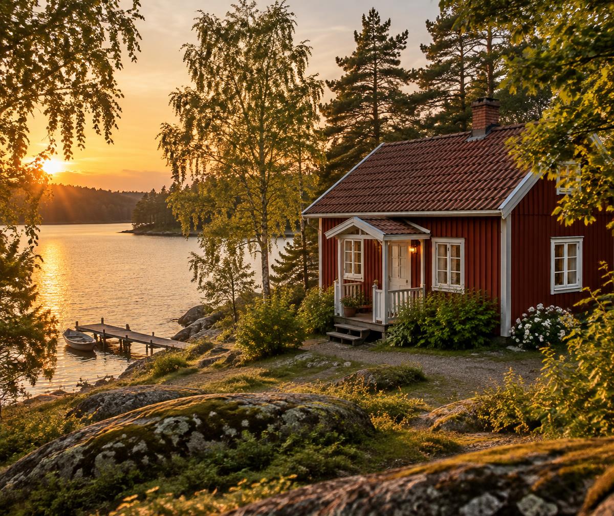 Rött svenskt torp vid en sjö i solnedgång